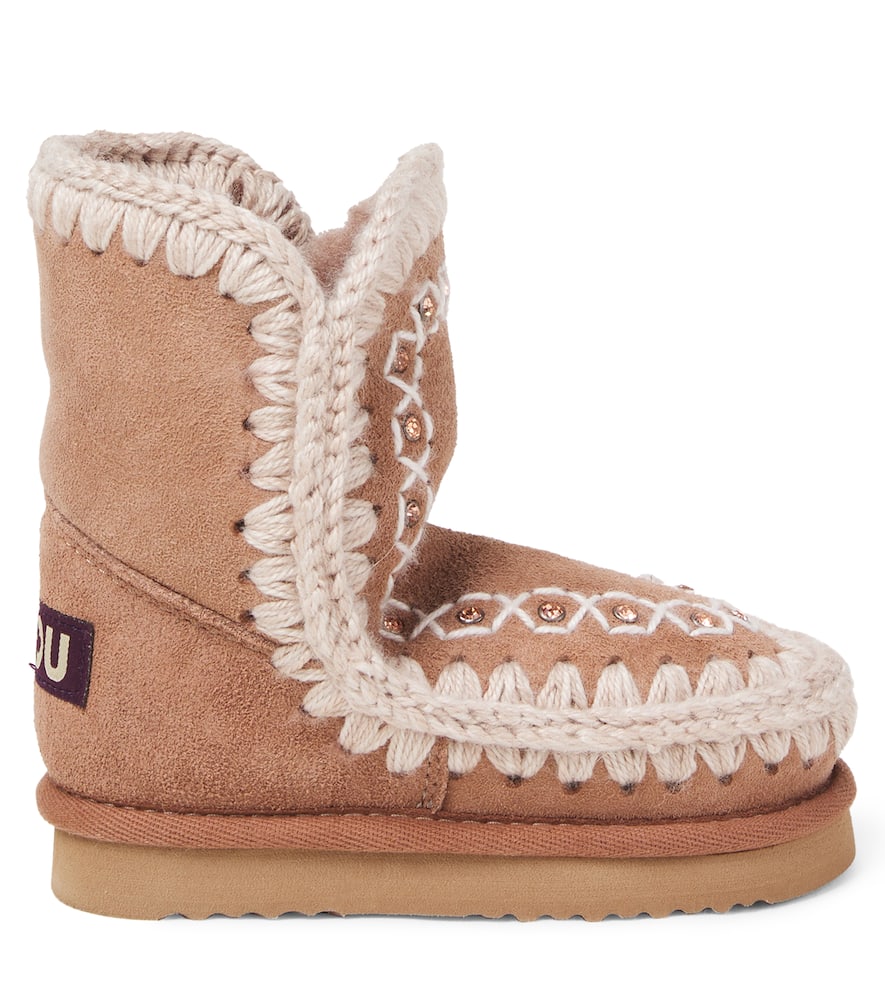 Mou Embroidered Shearling-lined Suede Boots In Brown