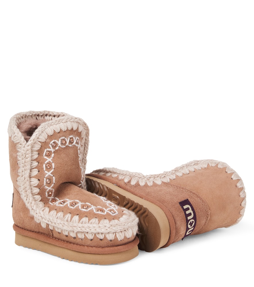 Mou Embroidered Shearling-lined Suede Boots In Brown