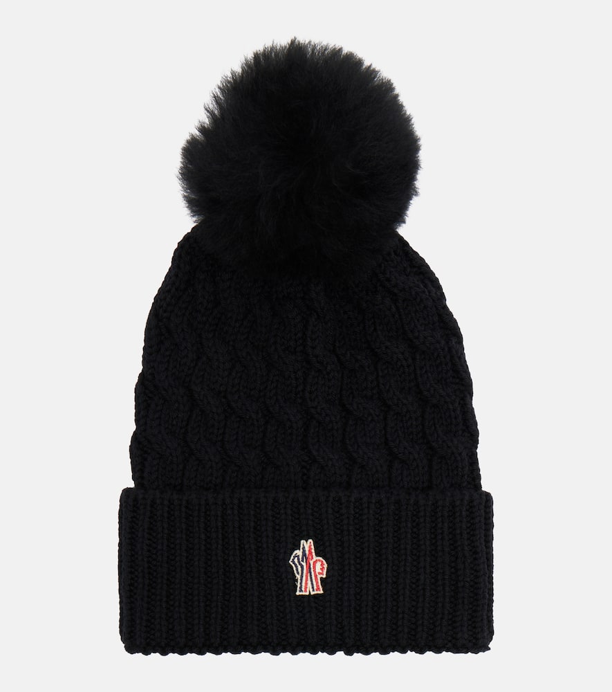 Moncler Logo Shearling-trimmed Virgin Wool Beanie In Black