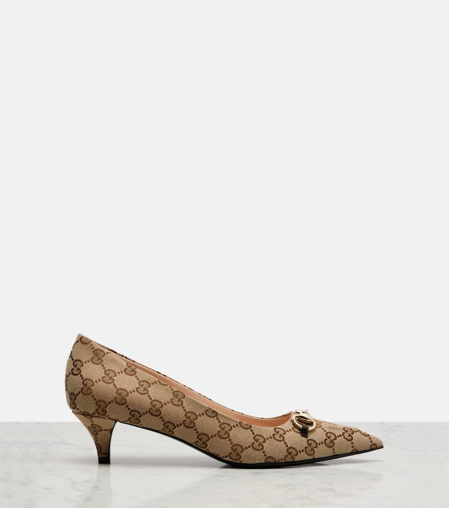 Gucci Women Beige And Dark Brown Gg Canvas Pumps With Horsebit In Brown