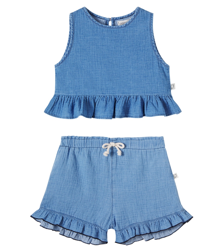 Cozmo Blair ruffled cotton chambray top and shorts set