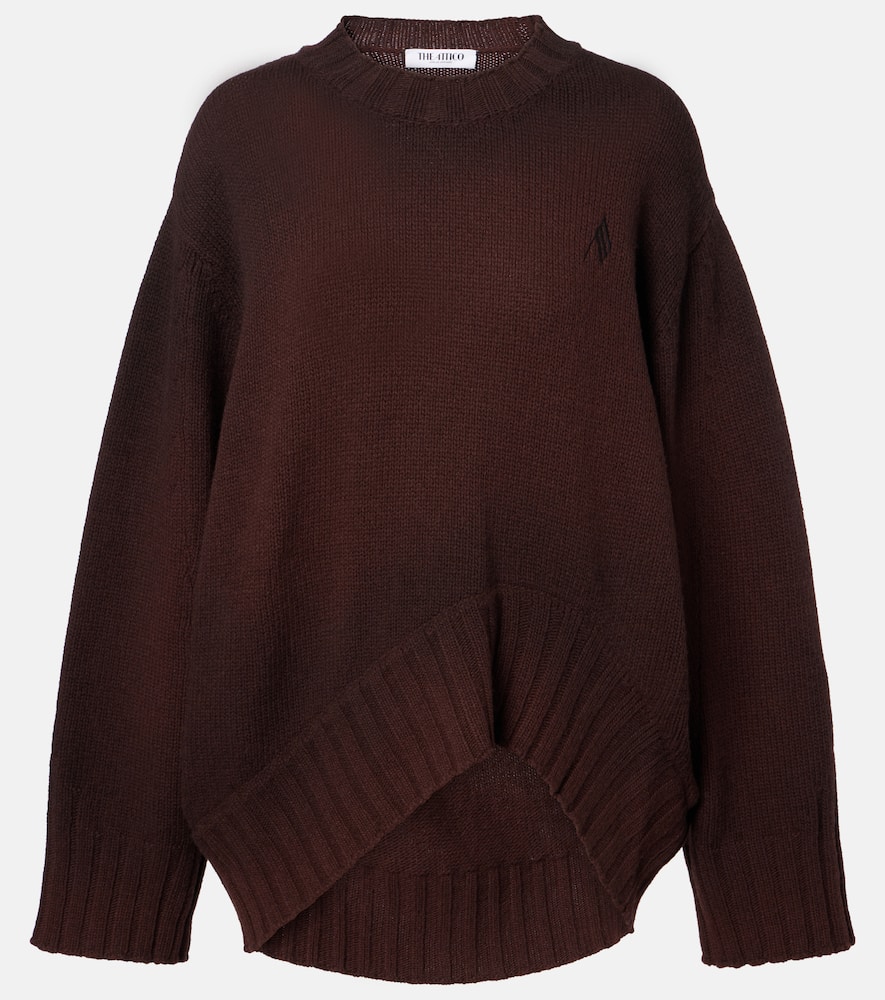 Attico Crew Neck Wool Cashmere Sweater Asymmetric Hem In Brown