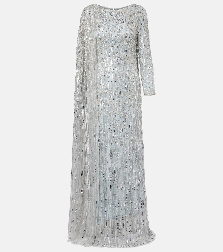 Jenny Packham Pauline Embellished Caped Gown In Silver