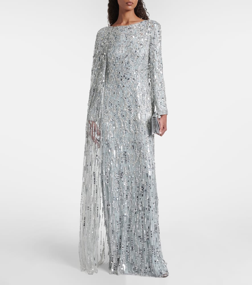 Jenny Packham Pauline Embellished Caped Gown In Silver