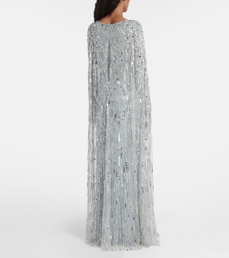 Jenny Packham Pauline Embellished Caped Gown In Silver