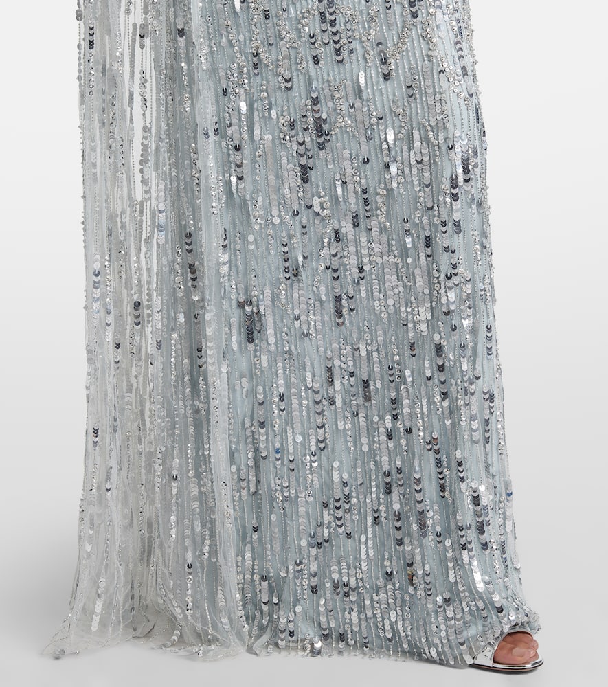 Jenny Packham Pauline Embellished Caped Gown In Silver