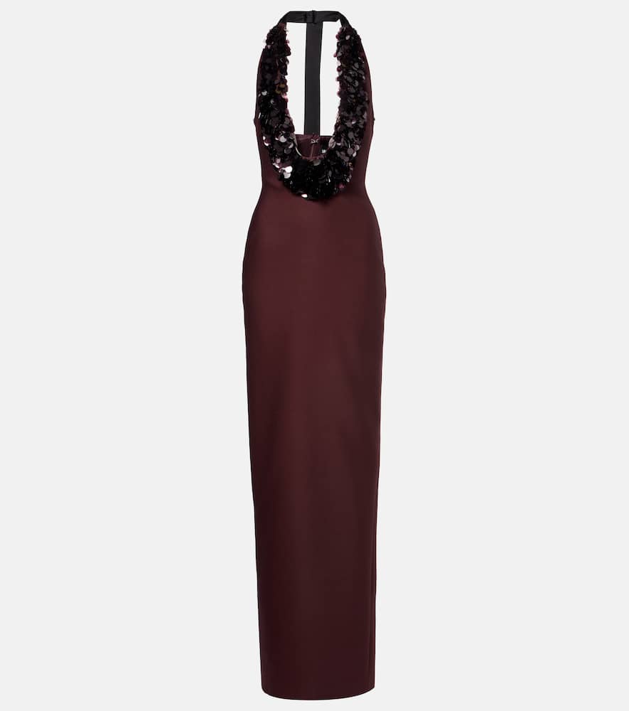David Koma Sequined Halterneck Wool-blend Gown In Burgundy