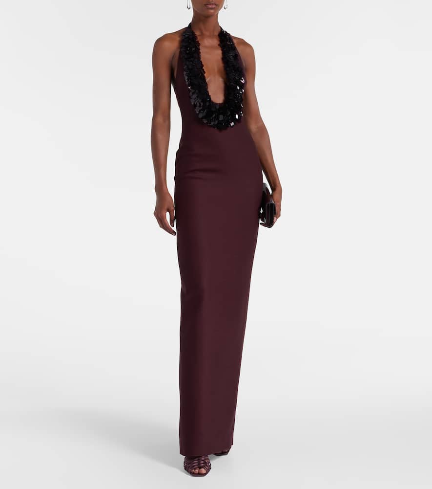David Koma Sequined Halterneck Wool-blend Gown In Burgundy