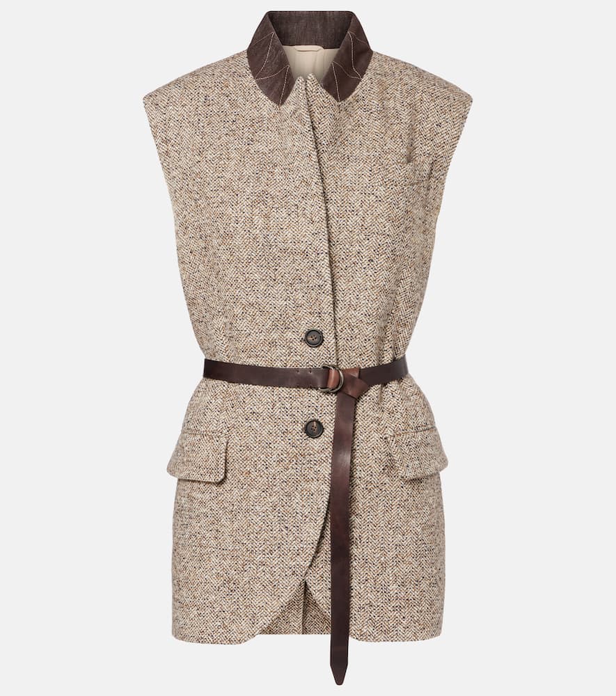 Brunello Cucinelli Waist Belted Lapel Sleeveless Textured Jacket In Brown