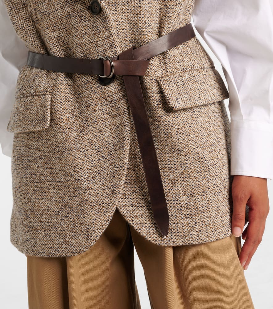 Brunello Cucinelli Waist Belted Lapel Sleeveless Textured Jacket In Brown