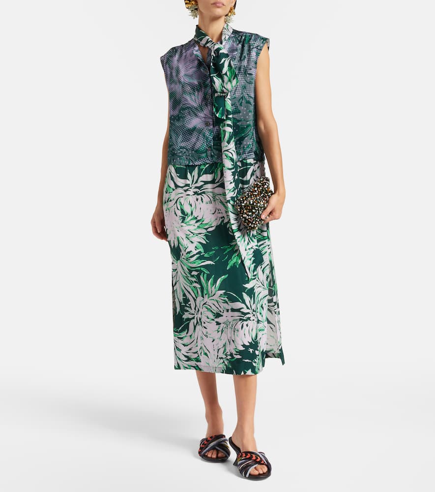 Dries Van Noten Printed Tie-neck Midi Dress In Green