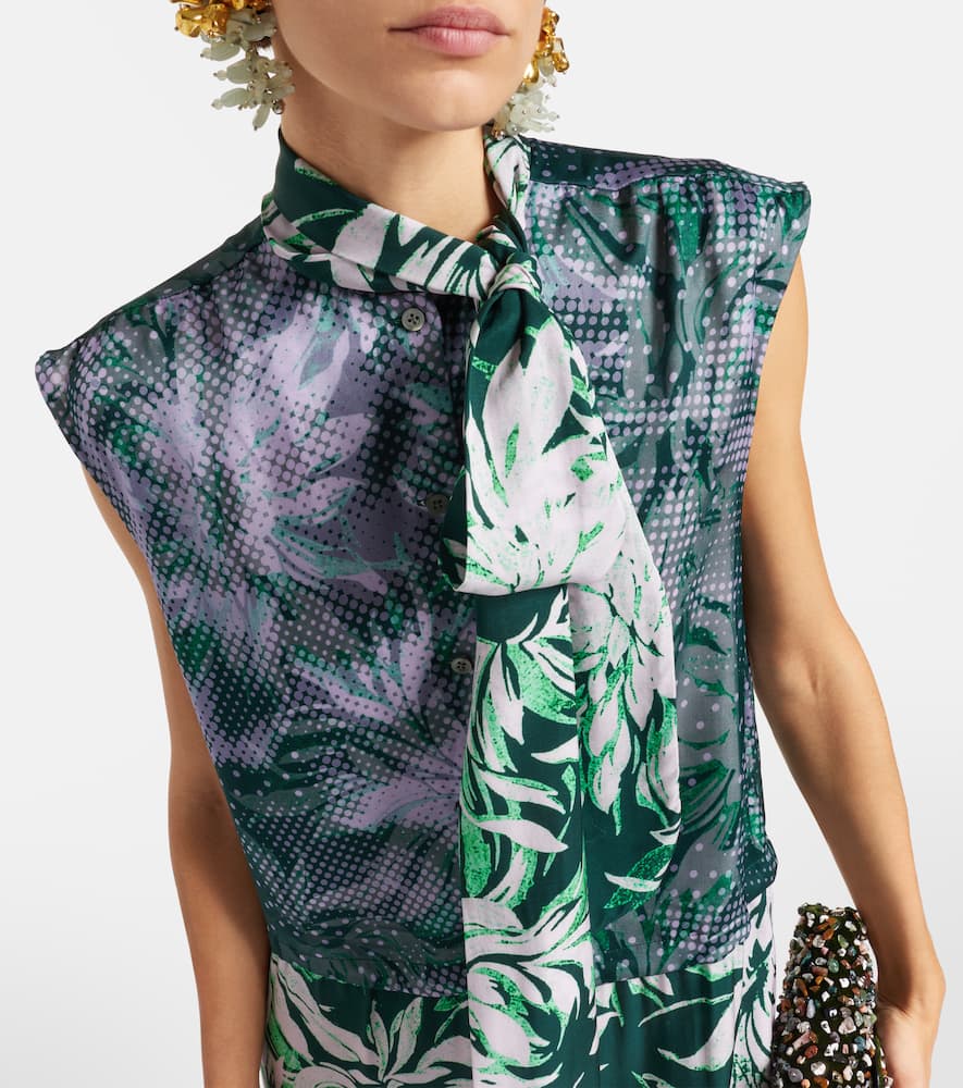 Dries Van Noten Printed Tie-neck Midi Dress In Green