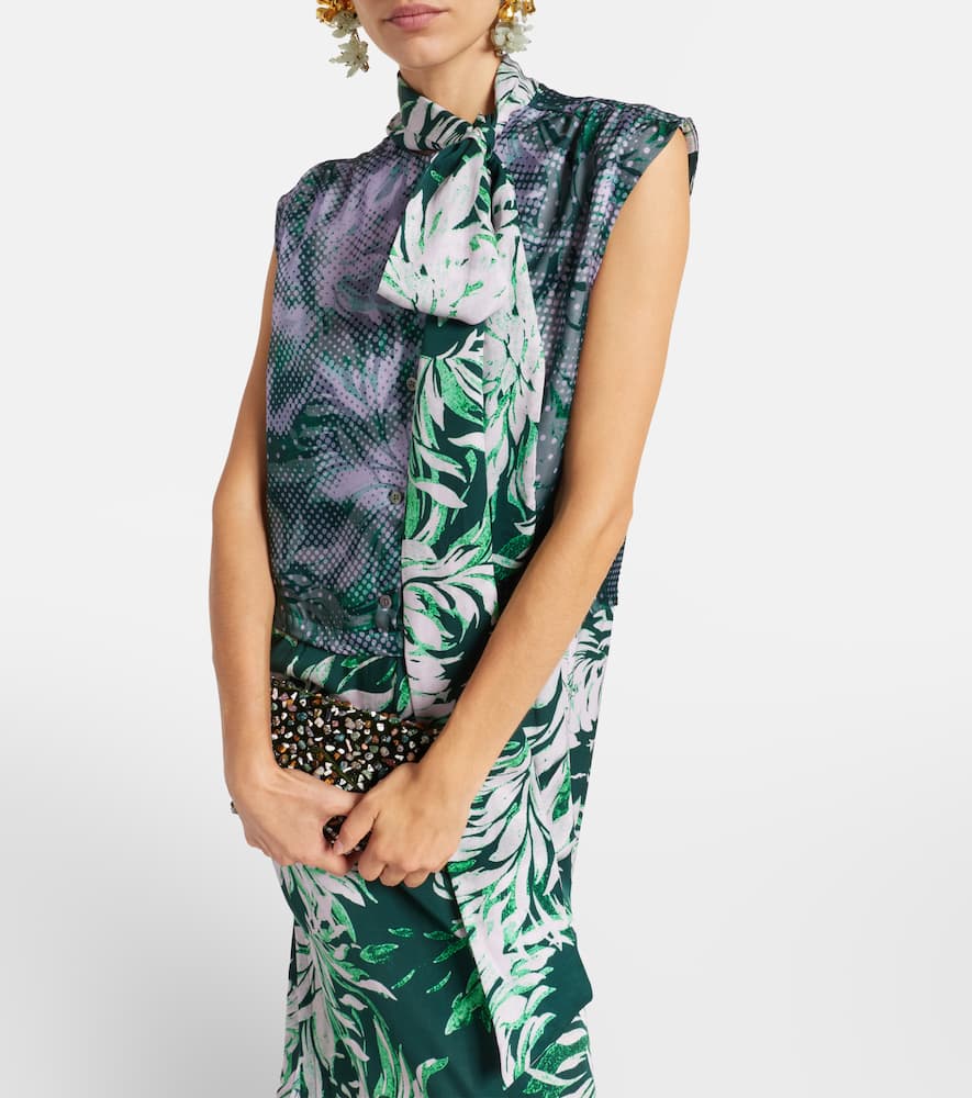 Dries Van Noten Printed Tie-neck Midi Dress In Green