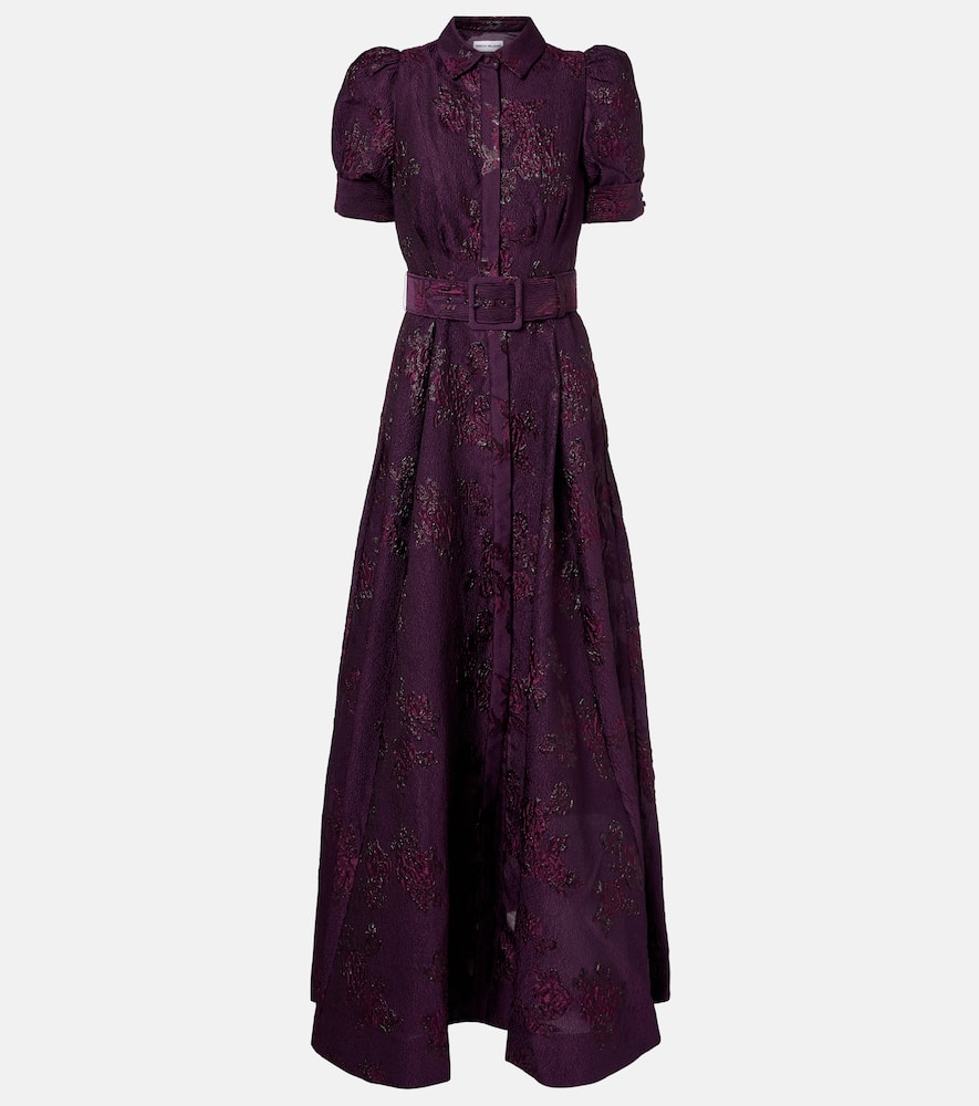 Rebecca Vallance Afina Belted Floral Brocade Gown In Purple