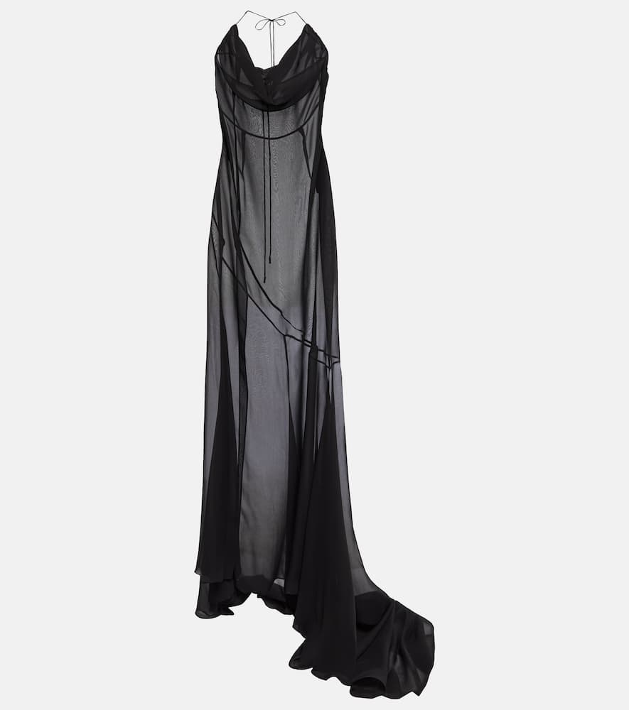 Alessandra Rich Silk Georgette Train Long Dress In Black