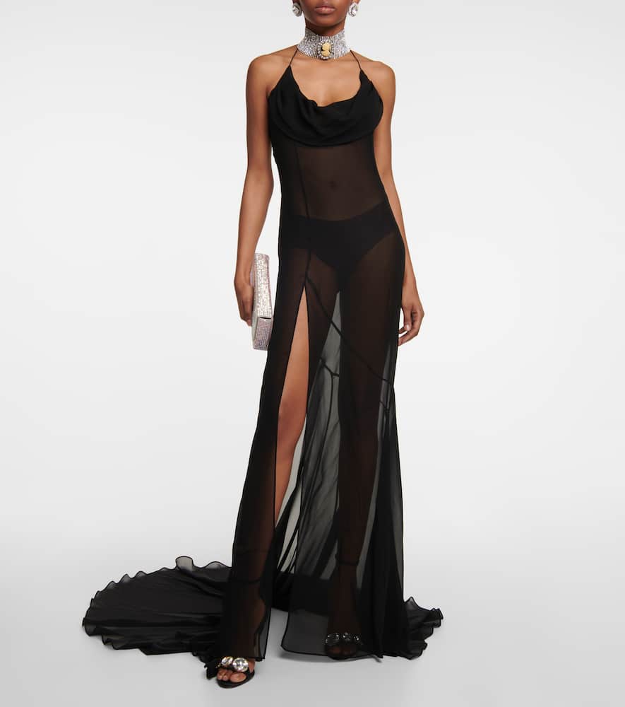 Alessandra Rich Silk Georgette Train Long Dress In Black