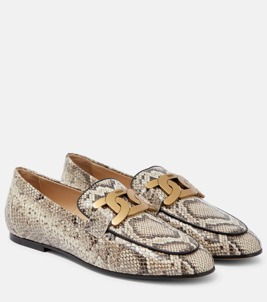 Tod's Kate Embossed Leather Chain Loafers In Roccia Snake