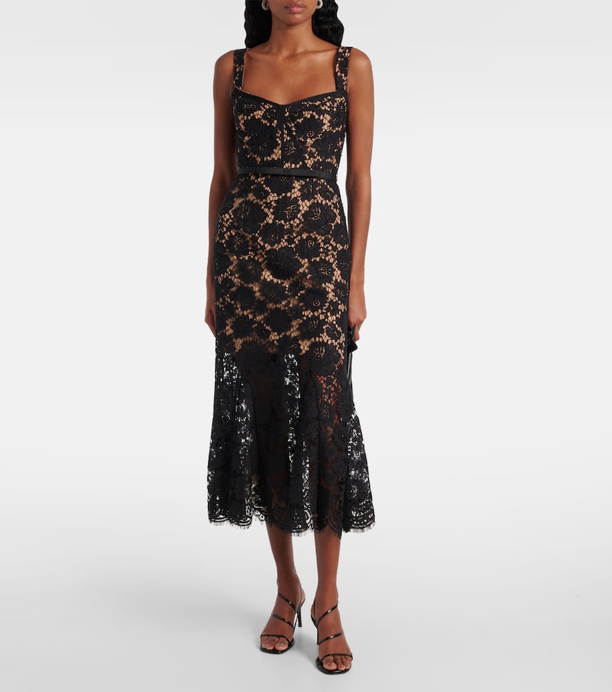 Self-portrait Black Fine Lace Midi Dress In Black