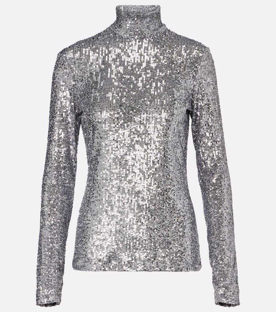 Rabanne Sequined Tulle Turtleneck Top In Silver