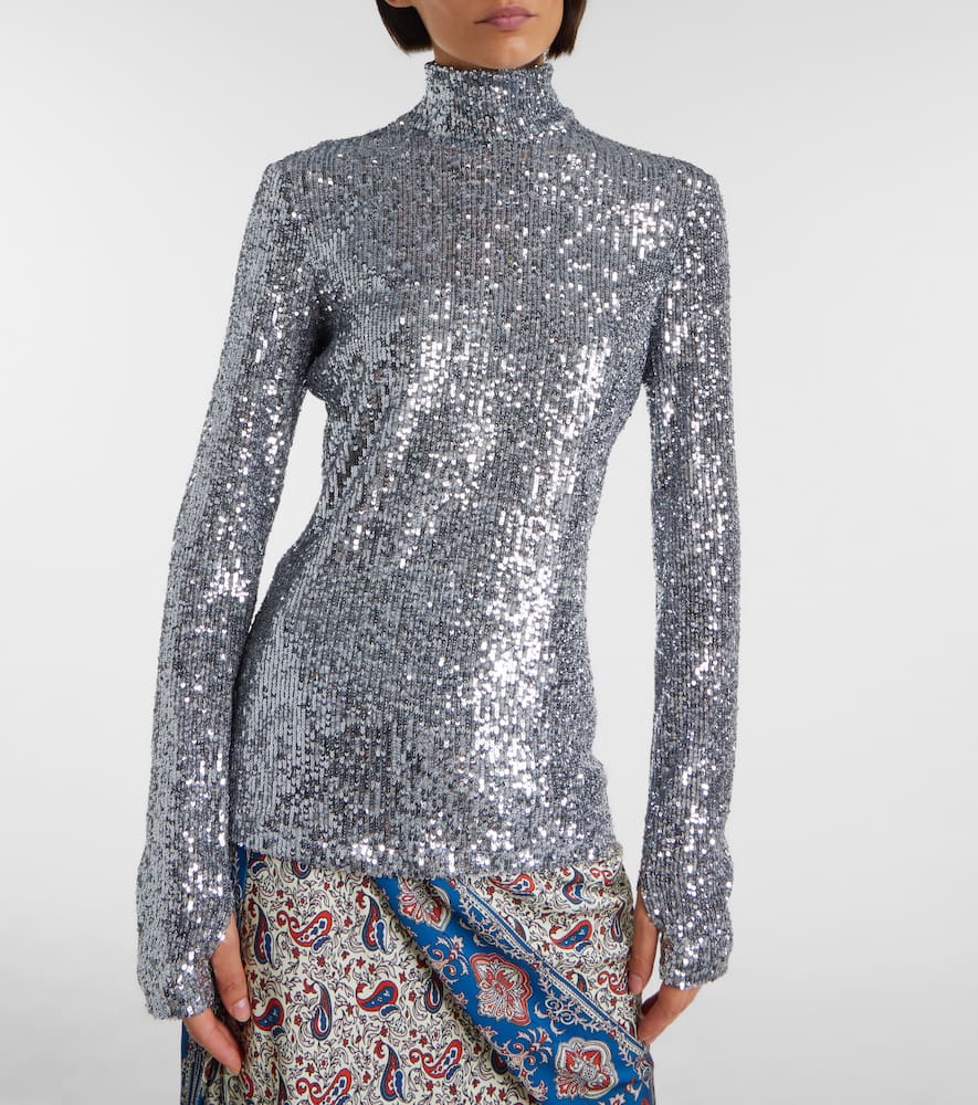 Rabanne Sequined Tulle Turtleneck Top In Silver