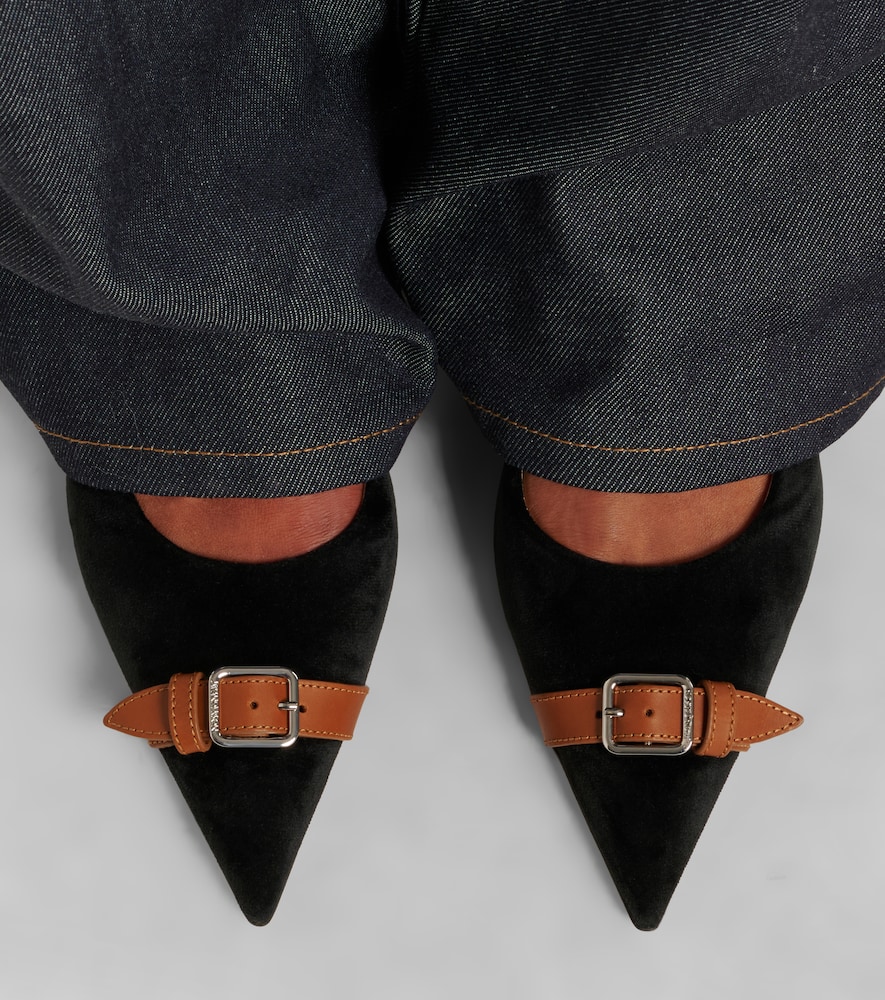 Leather-Trimmed Velvet Slingback Pumps