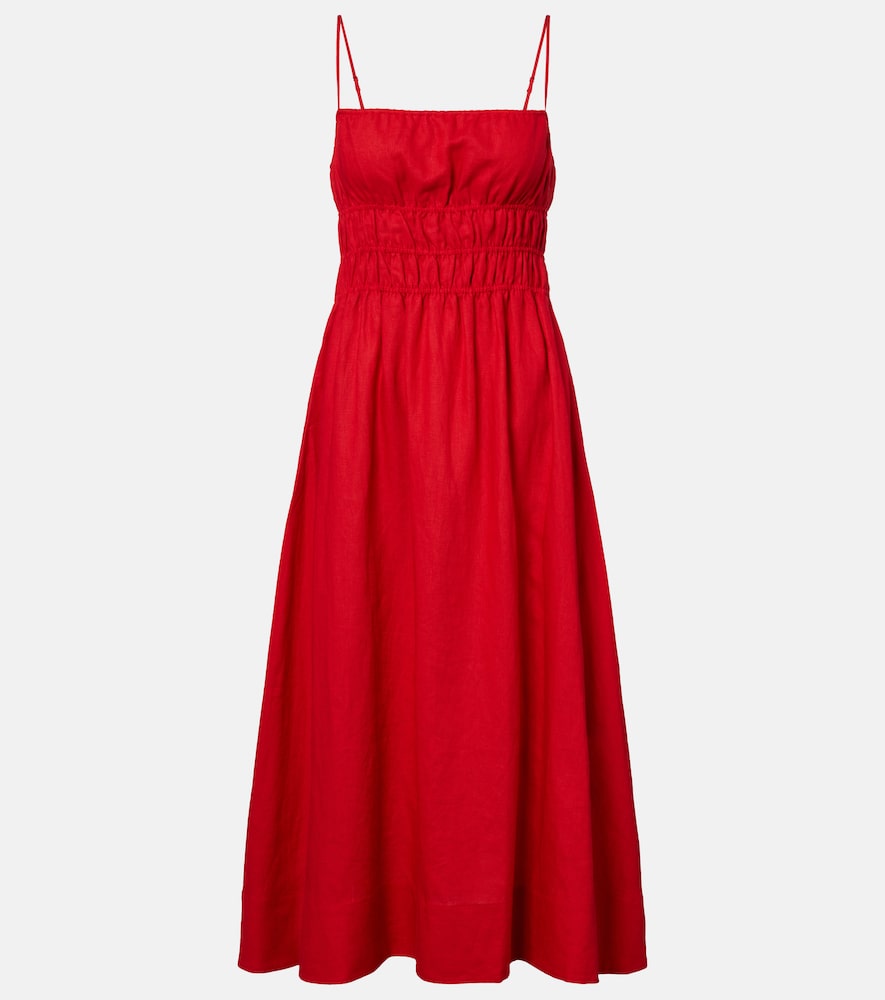 Staud Ayla Shirred Linen Midi Dress In Red