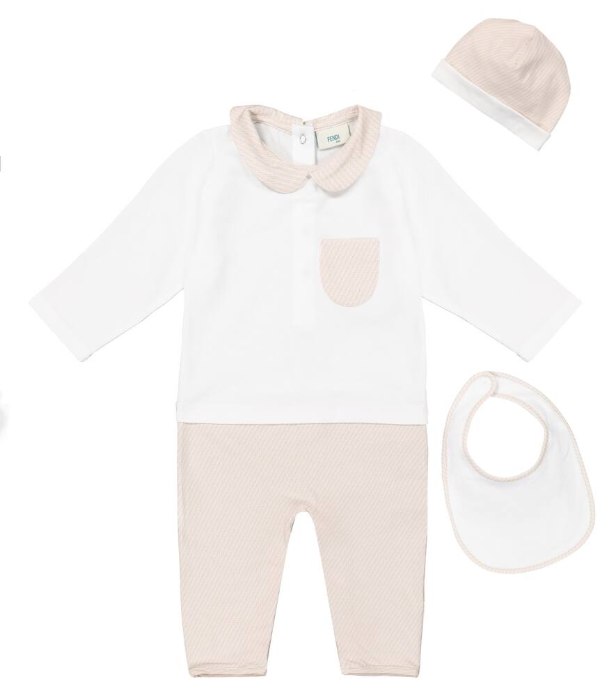 Click to view more detailed imagery on our partner's website Fendi Baby Stretch-cotton Onesie, Bib And Hat Set In White