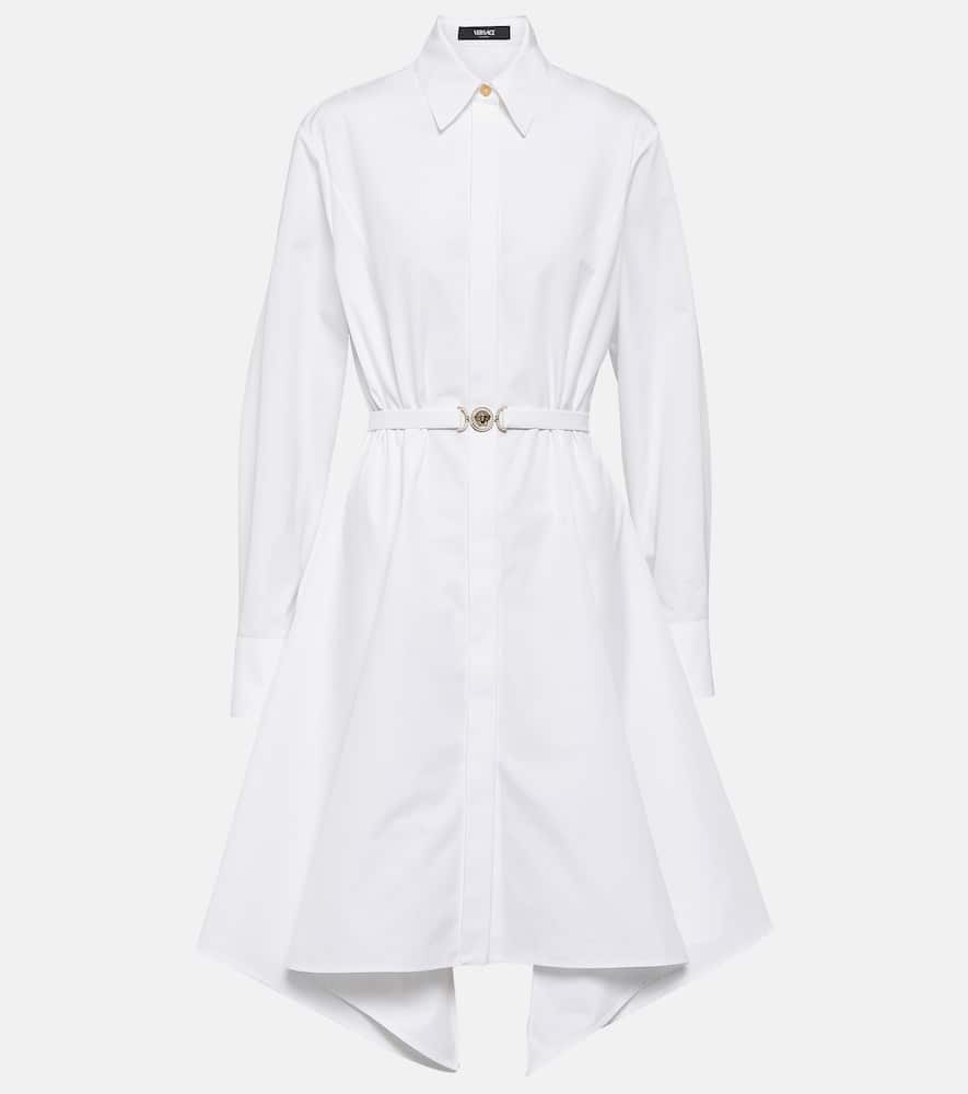 Versace Belted Long Sleeve Handkerchief Hem Cotton Shirtdress In White