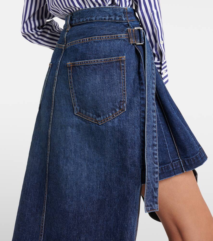 Sacai Overlapping Raw-cut Hem Denim Midi Skirt In Blue