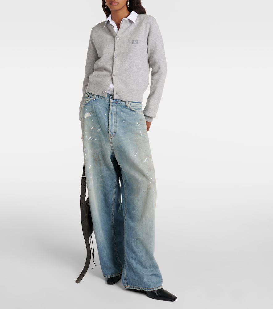 Acne Studios Face Crewneck Wool Cardigan In Grey