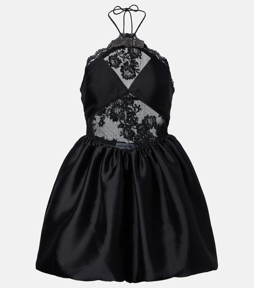 Self-Portrait Lace-trimmed halterneck taffeta minidress