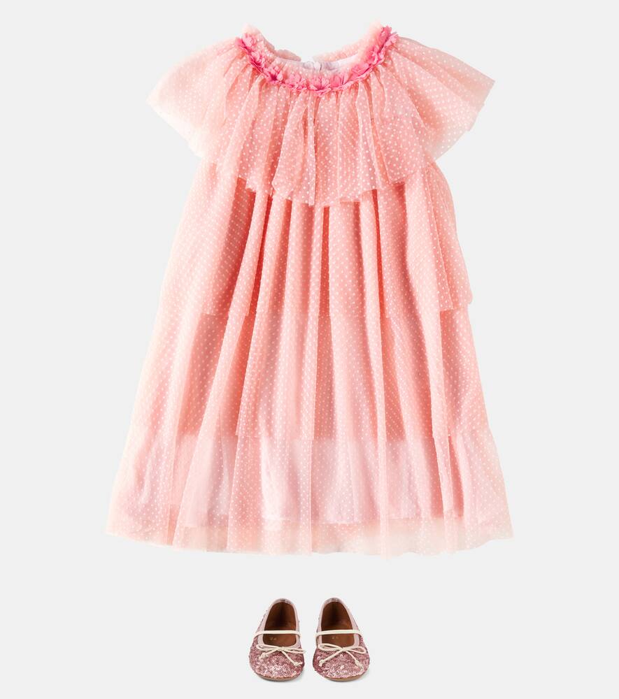 Patachou Ruffled Tiered Polka-dot Tulle Dress In Pink