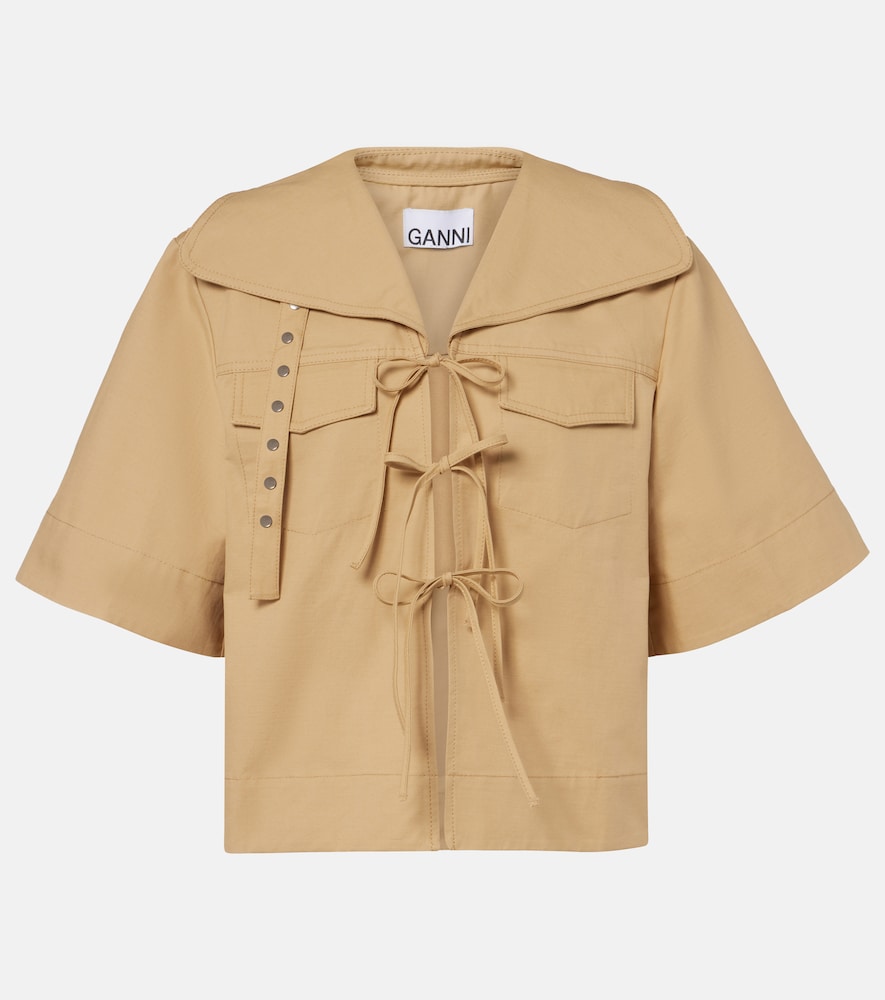 Ganni Women's Beige Bow-Detail Cotton And Linen Top UK Size 6 - Mytheresa