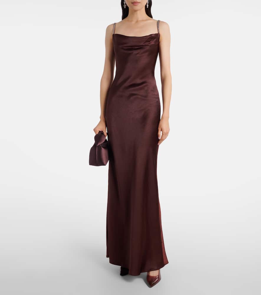 Self-portrait Embellished Satin Gown In Burgundy