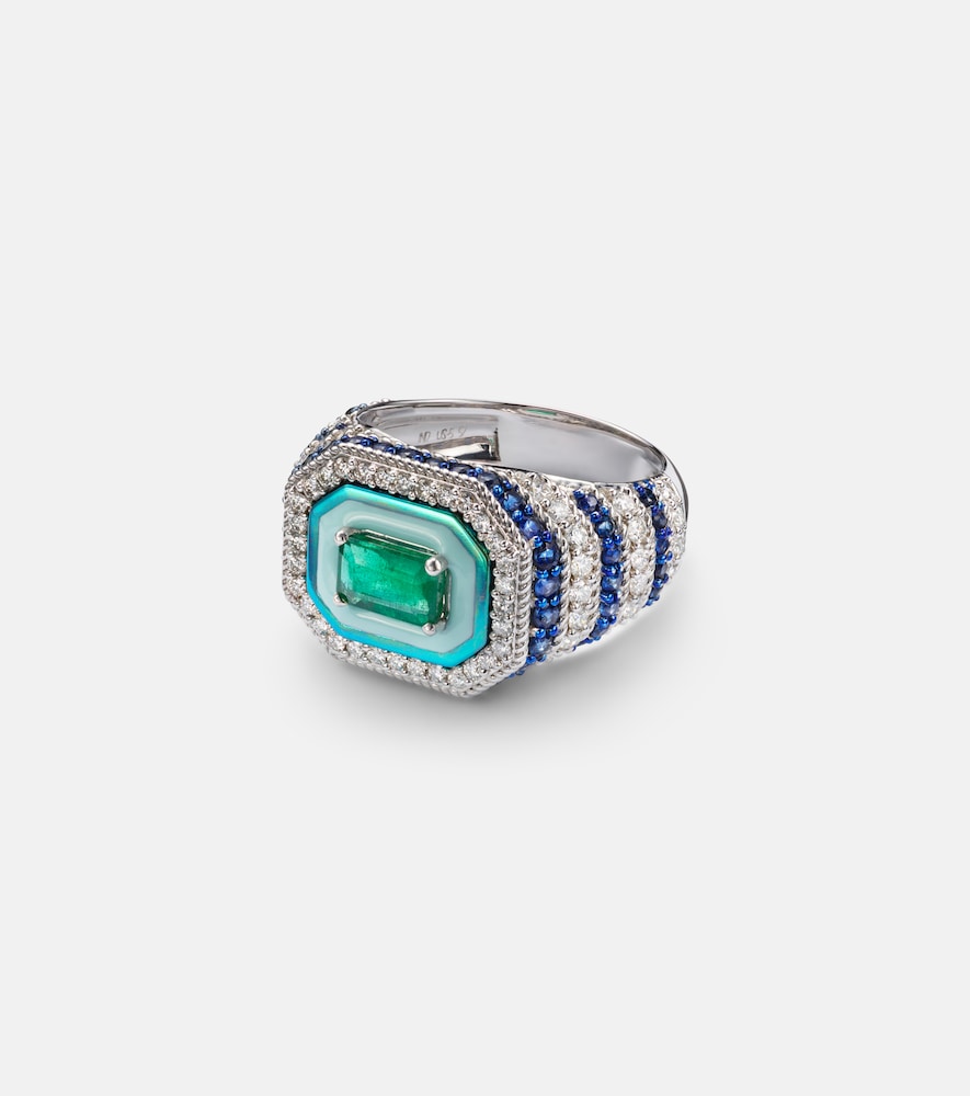 Kamyen Twin Flame 18kt white gold pinky ring with diamonds and enamel