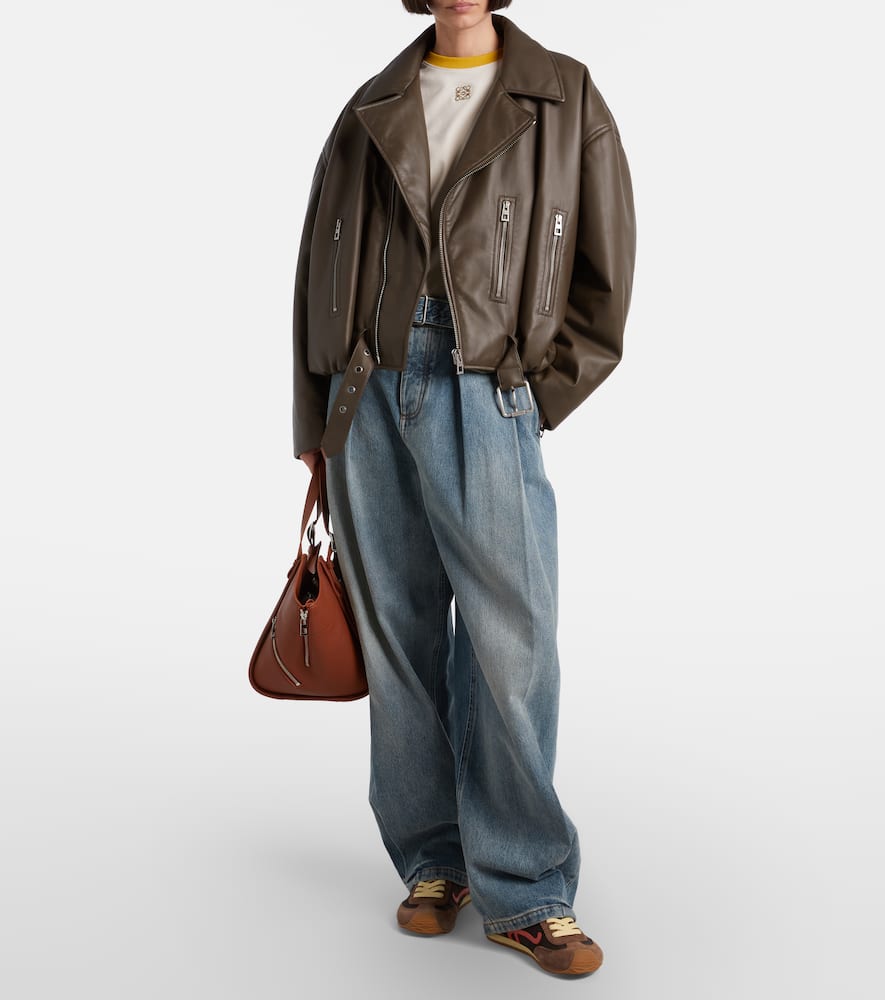 Loewe Cropped Leather Biker Jacket In Brown