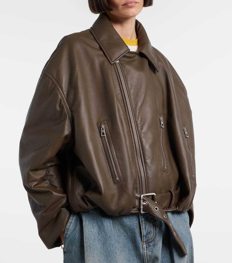 Loewe Cropped Leather Biker Jacket In Brown