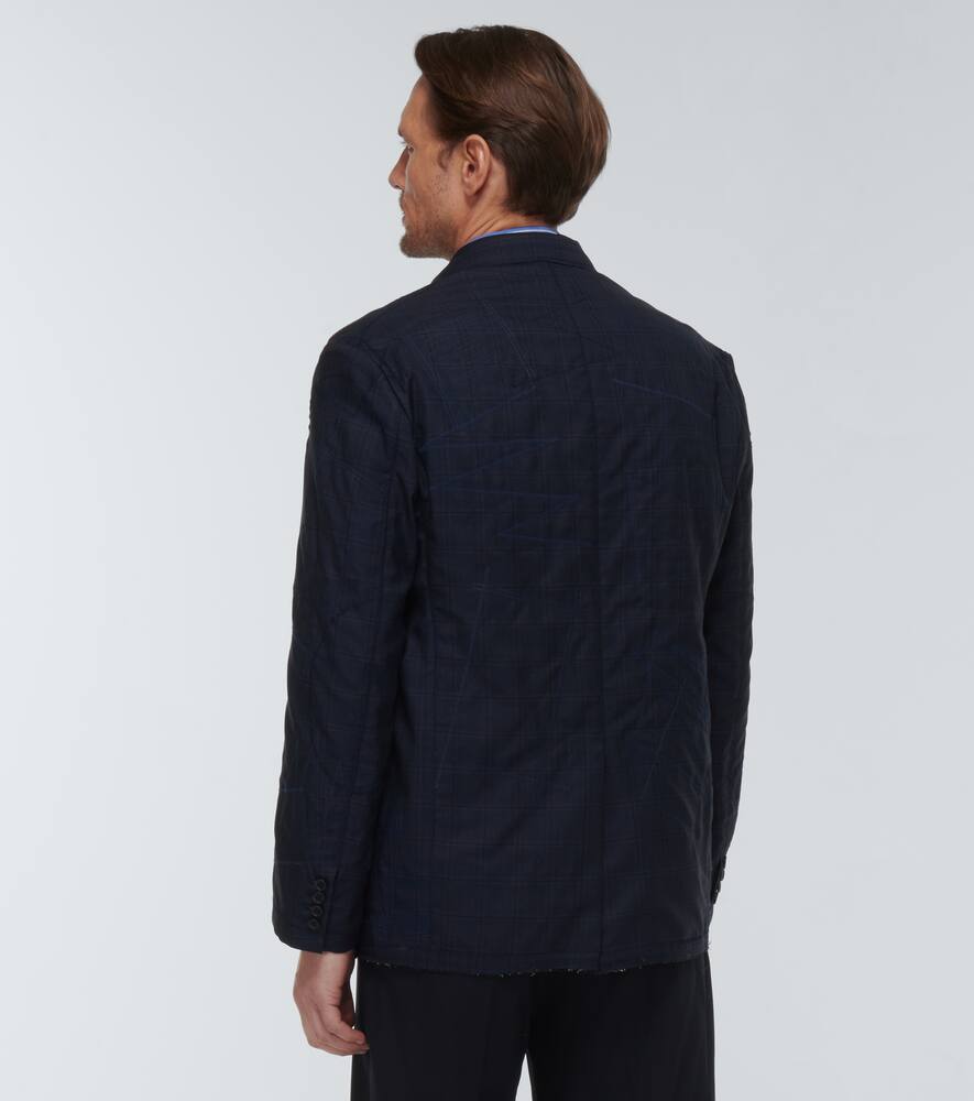 Shop Junya Watanabe Distressed Wool And Silk Blazer In Navy/gray