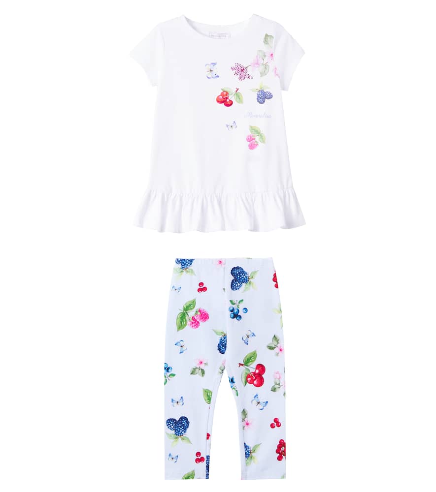 Monnalisa Printed Cotton T-shirt And Leggings Set In Nuvola+bianco