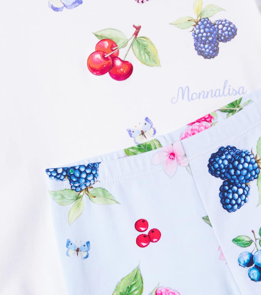 Monnalisa Printed Cotton T-shirt And Leggings Set In Nuvola+bianco