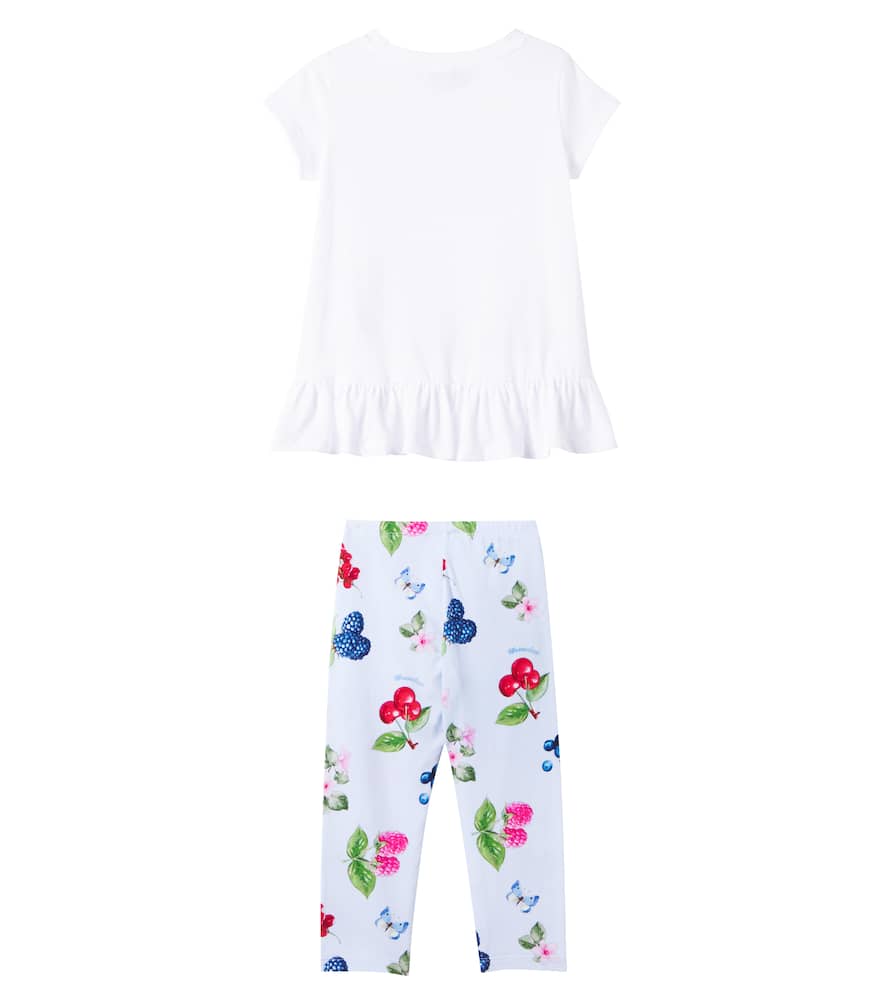 Monnalisa Printed Cotton T-shirt And Leggings Set In Nuvola+bianco