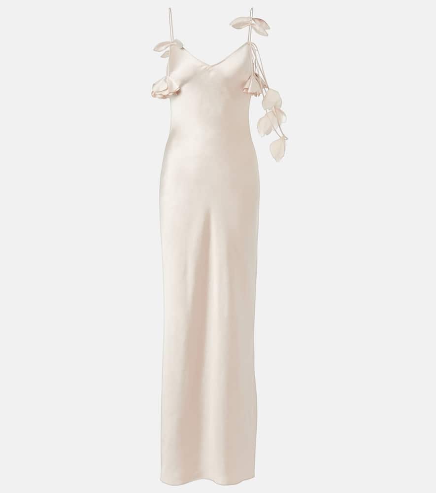 Bridal floral-appliqué satin gown