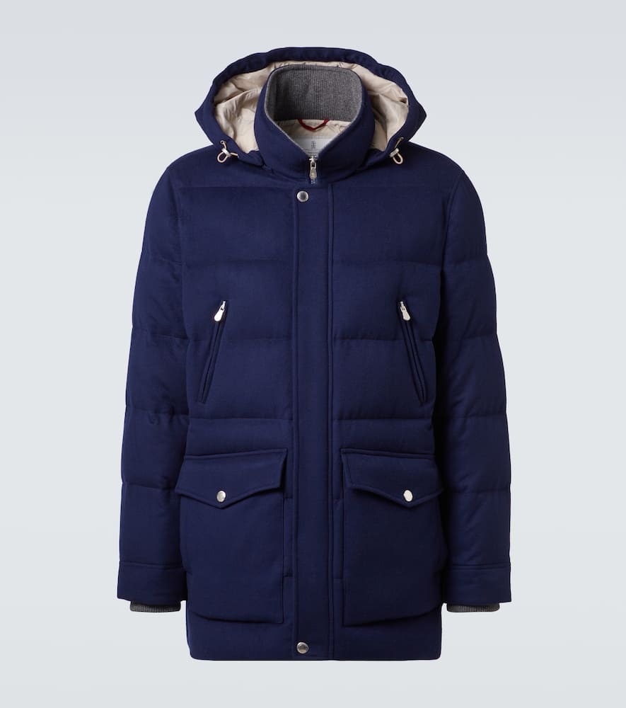 Brunello Cucinelli Wool Down Jacket With Detachable Hood In Blue
