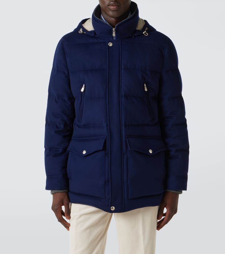 Brunello Cucinelli Wool Down Jacket With Detachable Hood In Blue