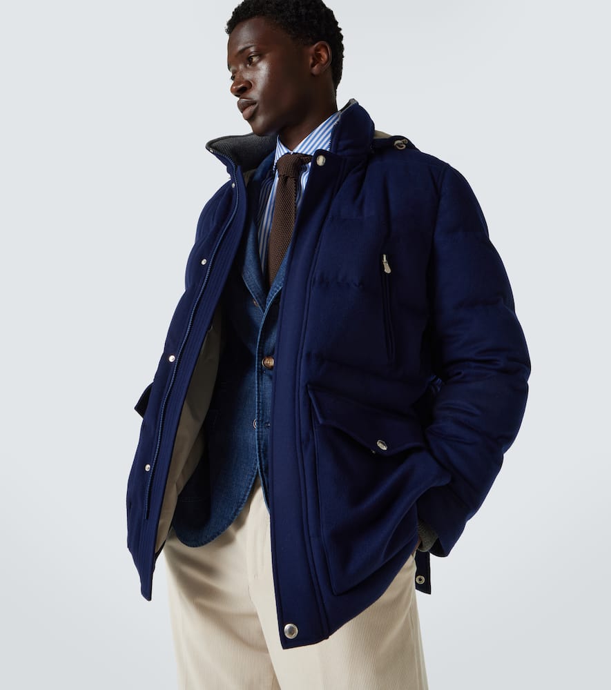 Brunello Cucinelli Wool Down Jacket With Detachable Hood In Blue