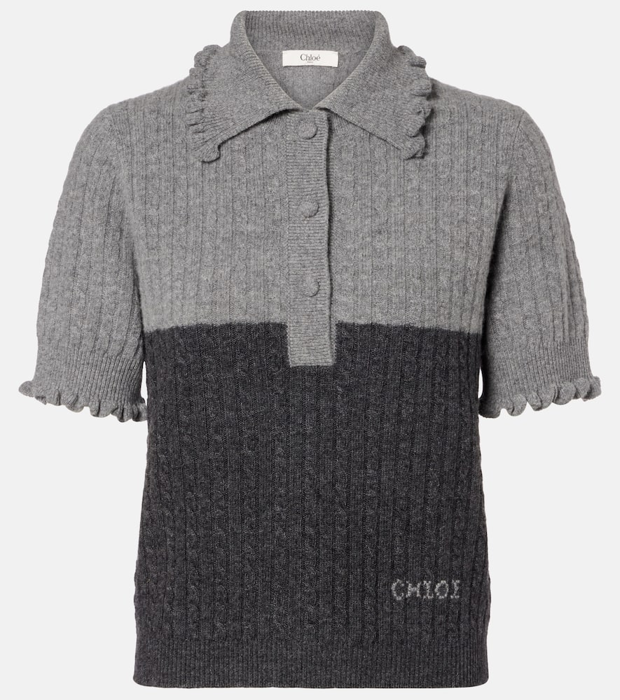 Chloé Two-tone Cable-knit Wool And Cashmere-blend Polo Shirt In Gray