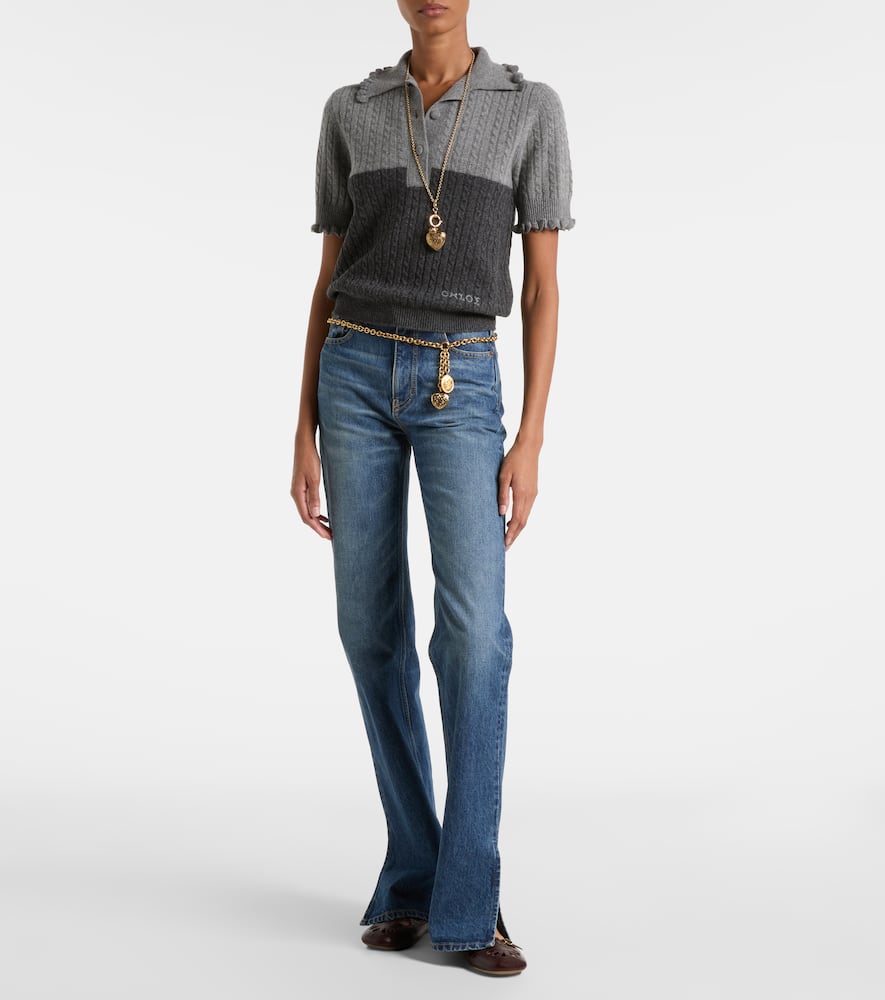 Chloé Two-tone Cable-knit Wool And Cashmere-blend Polo Shirt In Gray