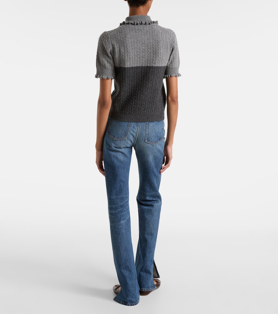 Chloé Two-tone Cable-knit Wool And Cashmere-blend Polo Shirt In Gray