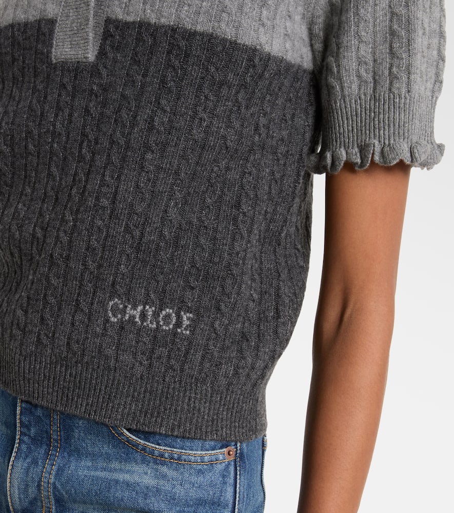 Chloé Two-tone Cable-knit Wool And Cashmere-blend Polo Shirt In Gray