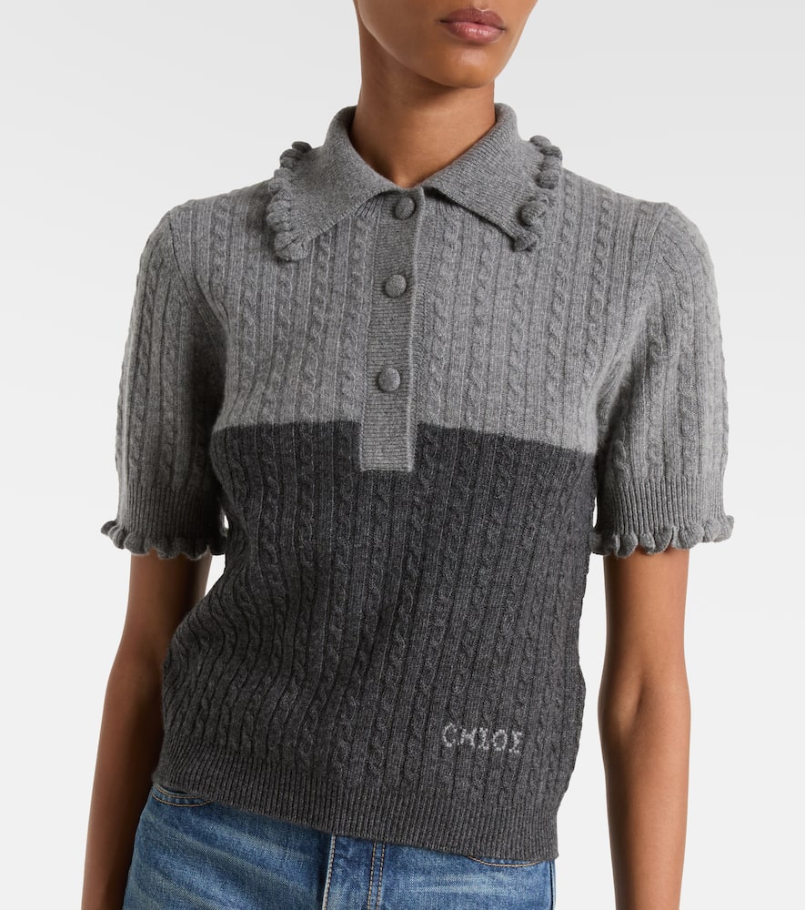 Chloé Two-tone Cable-knit Wool And Cashmere-blend Polo Shirt In Gray